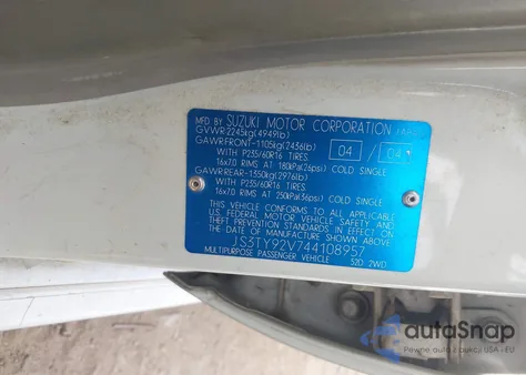 2004 Suzuki Xl-7 Ex/Lx z USA, uszkodzony, nr VIN JS3TY92V744108957